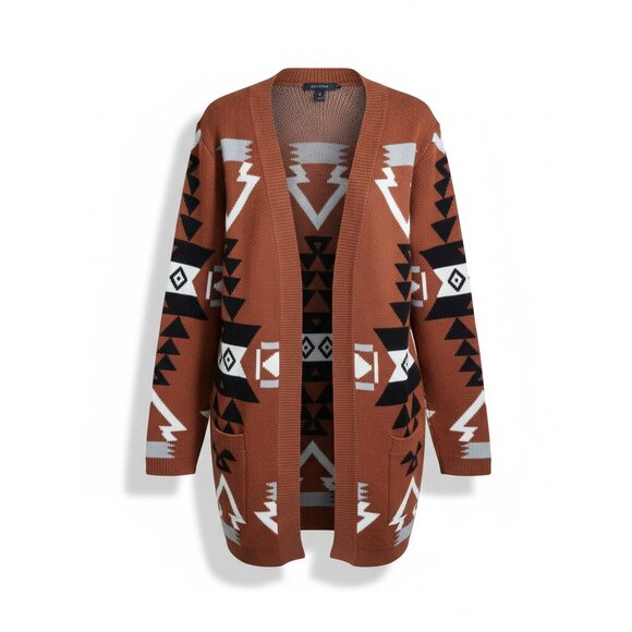 Chouyatou Southwestern Aztec Open Front Cardigan Sweater Brown Size S - Picture 1 of 8